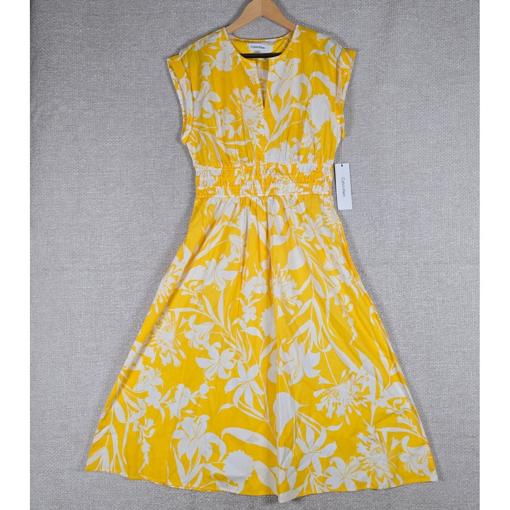 Calvin Klein Yellow White Floral Smocked Waist Midi Dress CD5G9GR8 Womens 6